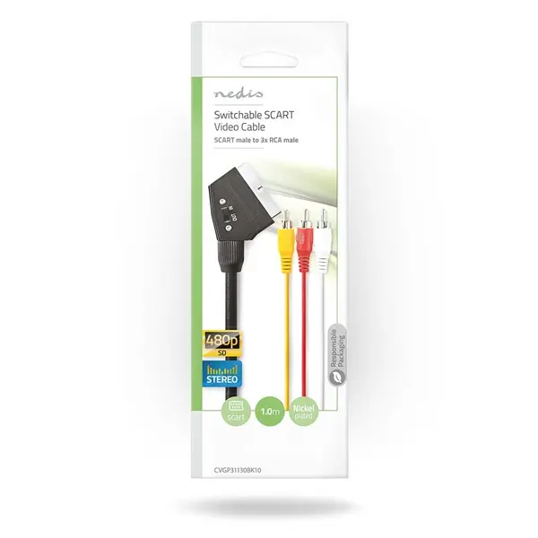Nedis CVGP31130BK10 SCART kábel, 3x RCA férfi, Nikkelezett, Kapcsolható, 480p, 1,00 m, kerek, PVC, Fekete – 5. kép