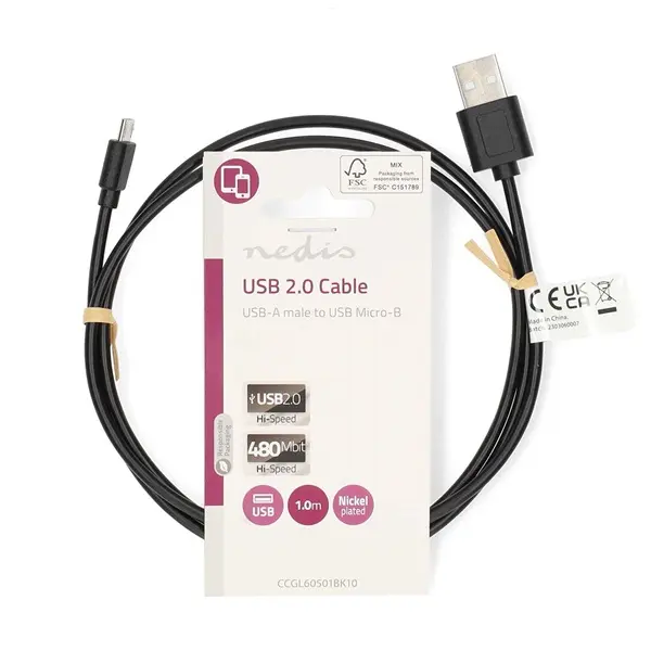 Nedis CCGL60501BK10 USB micro B (micro USB)kábel, USB 2.0 USB-A dugó USB Micro-B dugó 7,5 W 480 Mbps. 1m – 3. kép