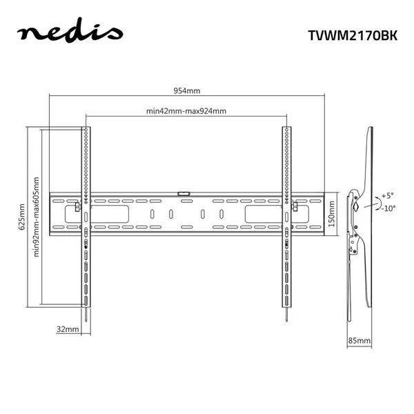 Nedis TVWM2170BK LCD TV / monitor fali tartó konzol, 60 - 100 " Max. teherbírás: 75 kg, dönthető: 5 ° – 6. kép
