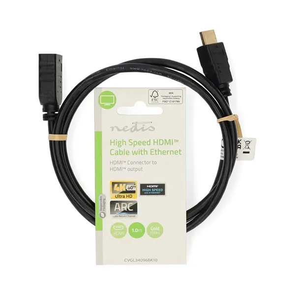 Nedis ultra HD HDMI hosszabbító (toldó) kábel CVGL34096BK10, HDMI dugó - aljzat, 4K@60Hz, ARC, 10,2 Gbps, 1 m – 3. kép