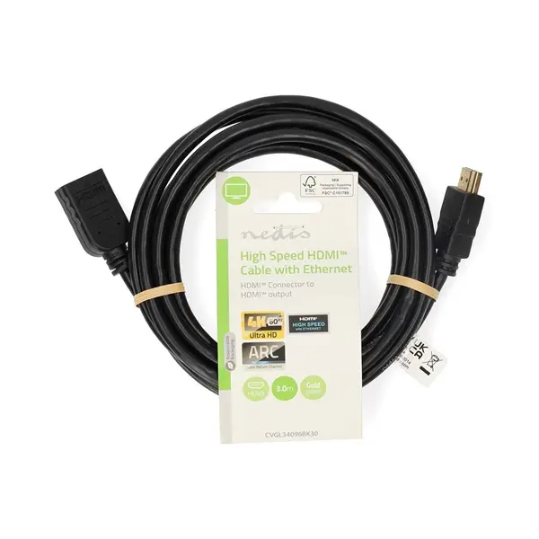 Nedis ultra HD HDMI hosszabbító (toldó) kábel CVGL34096BK30, HDMI dugó - aljzat, 4K@60Hz, ARC, 10,2 Gbps, 3 m – 3. kép