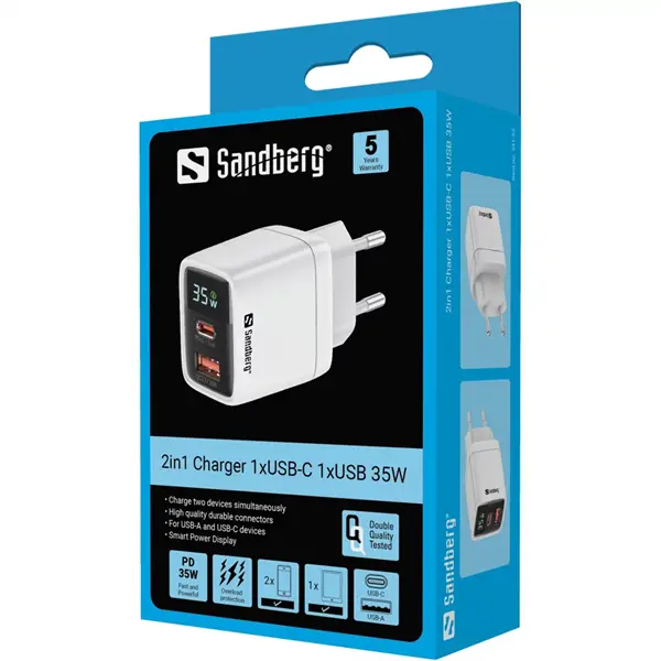 SANDBERG Hálózati töltő, 2 in 1 Charger 1x USB C 1x USB 35W – 3. kép