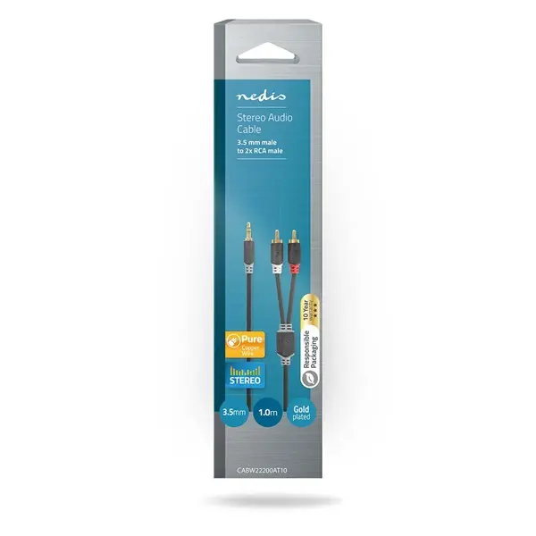 Nedis CABW22200AT10 sztereo audió kábel 3,5mm sztereo jack - 2x RCA, Aranyozott, 1 m – 3. kép