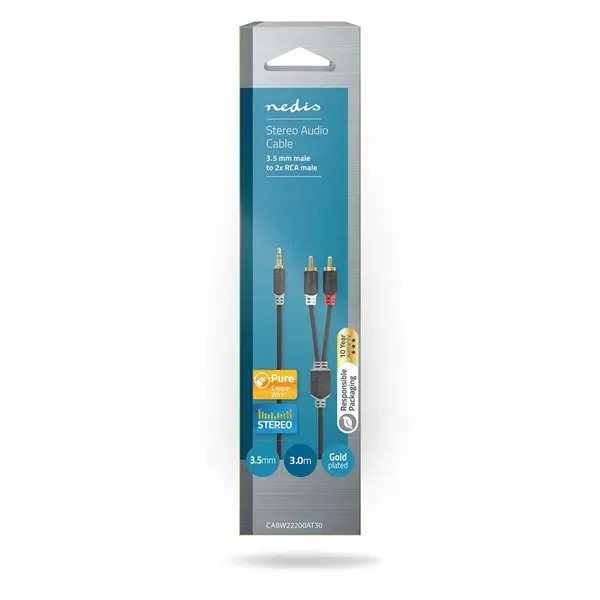 Nedis CABW22200AT30 sztereo audió kábel 3,5mm sztereo jack - 2x RCA, Aranyozott, 3 m – 3. kép