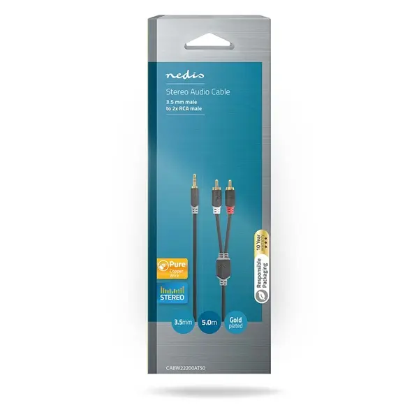 Nedis CABW22200AT50 sztereo audió kábel 3,5mm sztereo jack - 2x RCA, Aranyozott, 5 m – 3. kép