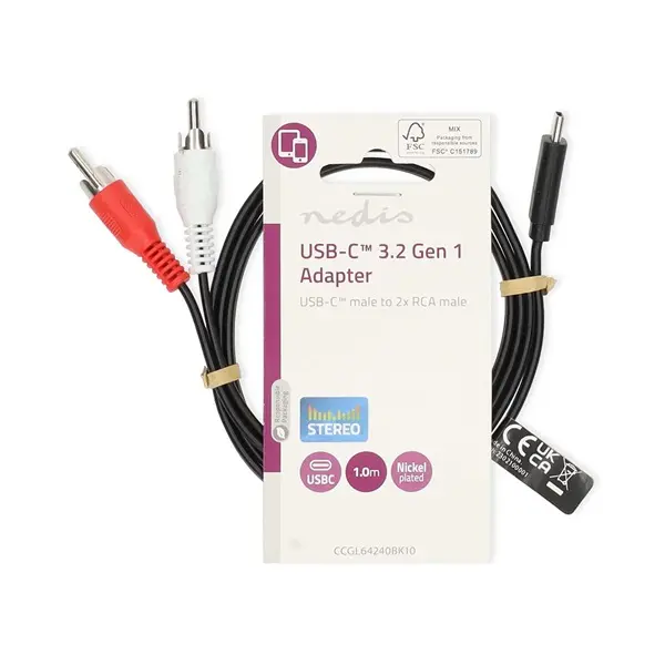 Nedis CCGL64240BK10 USB 3.2 Gen 1, USB-C kábel, USB C dugó - 2x RCA dugó, 1m