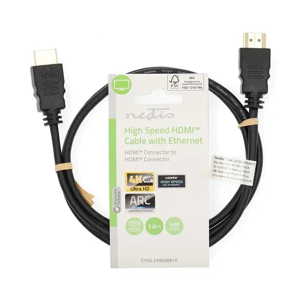 Nedis CVGL34060BK10 ultra HD HDMI kábel, HDMI dugó - dugó, 4K@60Hz, ARC, 18 Gbps, aranyozott csatlakozók, hossz 1m – 3. kép