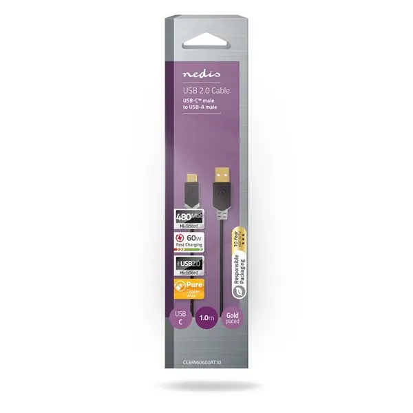 Nedis CCBW60600AT10 USB kábel, USB2.0 Gen 1, USB-A dugó - USB-C dugó, 60 W | 480 Mbps, 1 m – 3. kép