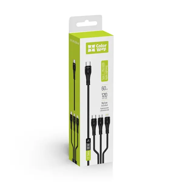 COLORWAY Kábel Type-C CW-CBPDU3060-BK, 3B1 (Lightning+MicroUSB+Type-C) 3.0A (PD60W adatok) 1.2 fekete – 6. kép