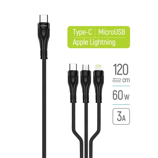 COLORWAY Kábel Type-C CW-CBPDU3060-BK, 3B1 (Lightning+MicroUSB+Type-C) 3.0A (PD60W adatok) 1.2 fekete – 7. kép