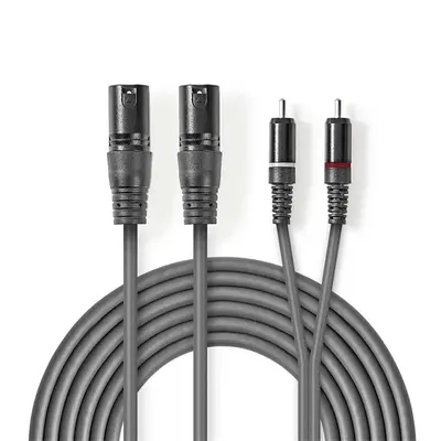 Nedis COTH15210GY15 unbalanced/aszimmetrikus félprofi XLR audio kábel, 2x XLR 3 tűs dugó - 2x RCA dugó, 1,5m