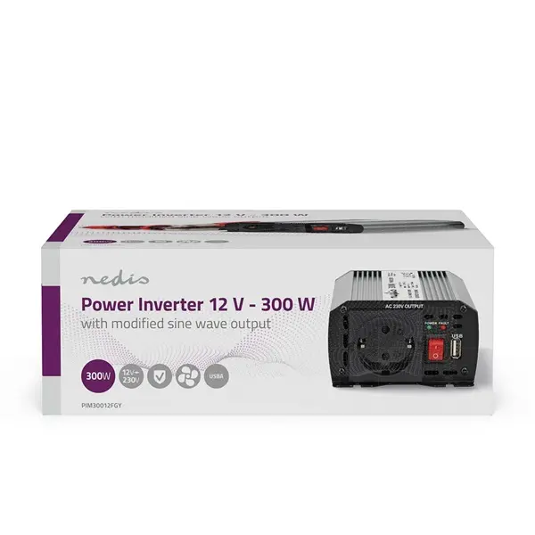 Nedis PIM30012FGY 12V DC - 230V AC inverter, 300W, csatlakozás: szivargyújtós, akku csipesz – 4. kép