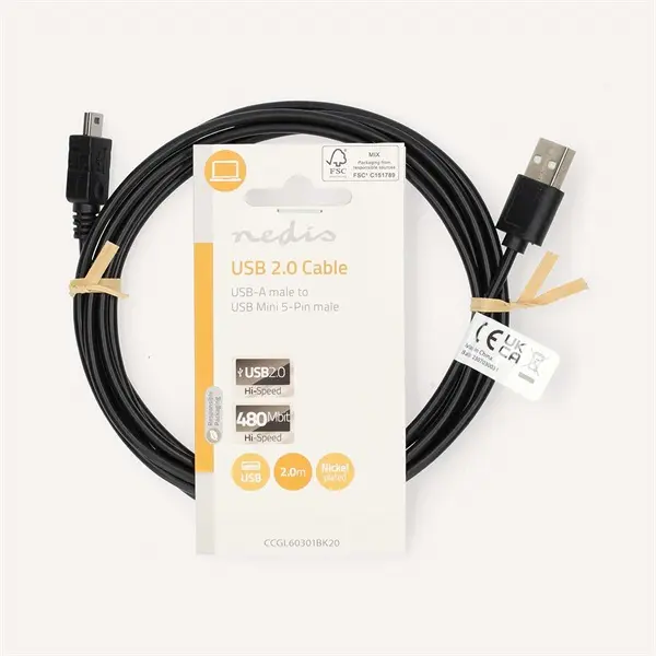 Nedis CCCGL60301BK20 USB mini 5p (mini USB)kábel, USB 2.0 USB-A dugó USB mini 5p dugó, 480 Mbps. 2m – 3. kép