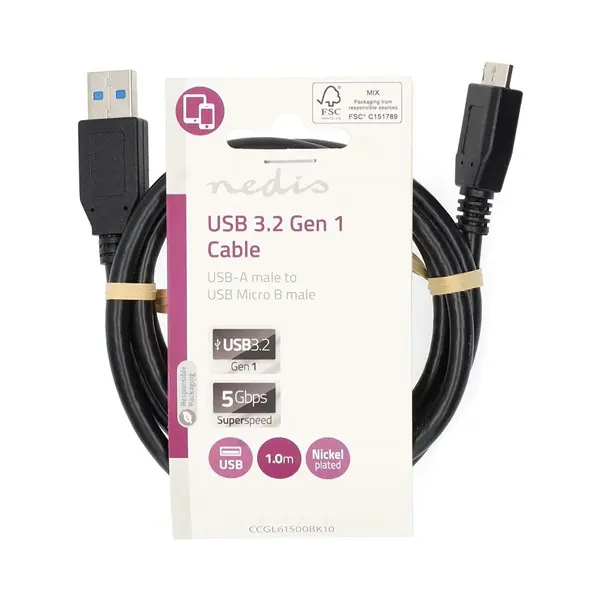 Nedis CCGL61500BK10 USB3.2 - micro-B (micro B) kábel, 5 Gbps, 1m, (USB3.1, USB3.0, USB2.0) – 2. kép