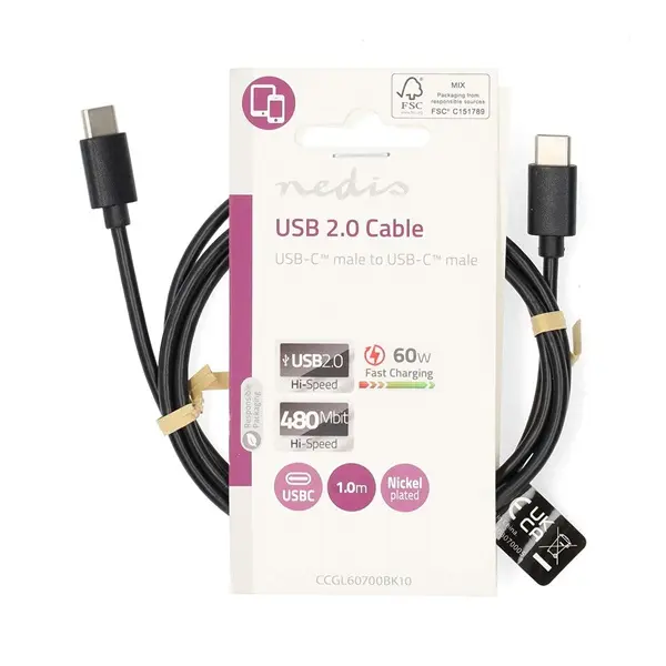 Nedis CCGL60700BK10 USB C - USB C (USB-C) kábel, USB2.0, 60W, hossz 1m – 3. kép