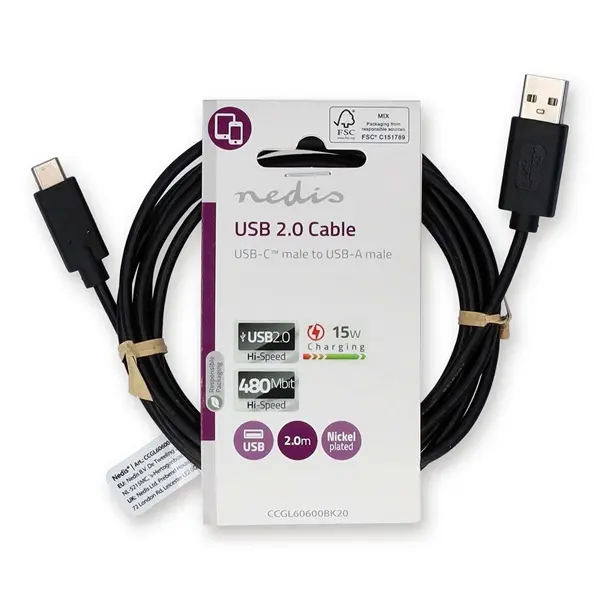 Nedis CCGL60600BK20 USB A - USB C (USB-C) kábel, USB2.0, 15W, hossz 2m – 3. kép