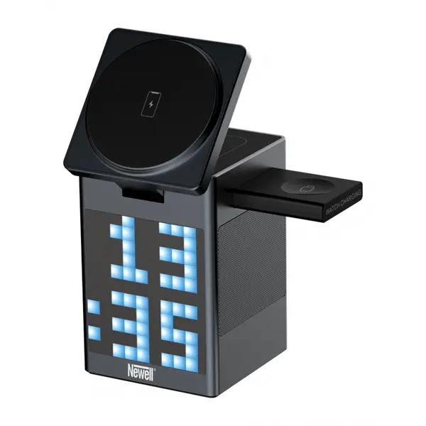 NEWELL induOne MagPlay 3 in 1 töltőállomás + hangszóró + óra, 3 eszköz töltés, LED kijelző, RGB, animációs lehetőségek