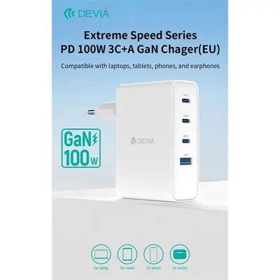 Devia Extreme Speed Series 100W GaN PD hálózati gyorstöltő adapter USB+3xType-C - fehér – 2. kép