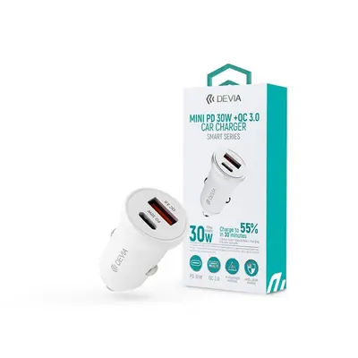 Devia Smart Series Mini 30W PD+QC USB+Type-C autós töltő adapter - fehér