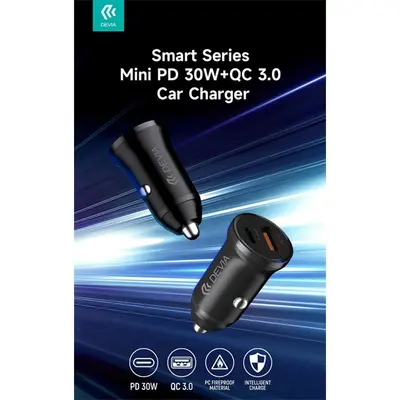 Devia Smart Series Mini 30W PD+QC USB+Type-C autós töltő adapter - fehér – 2. kép