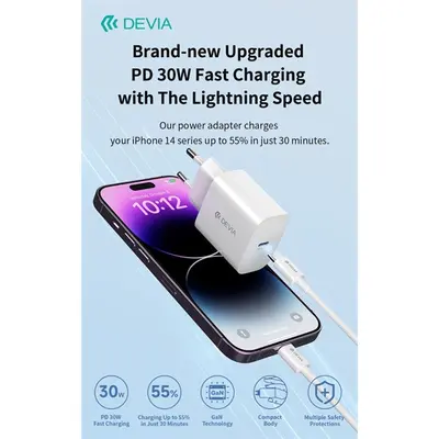 Devia Smart Series 30W GaN PD+QC hálózati gyorstöltő adapter + Type-C/Lightning kábel - fehér – 2. kép