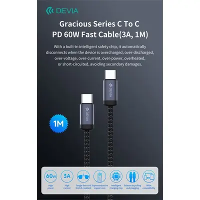 Devia Gracious Series 60W PD USB-C - USB C (Type-C) adat- és töltőkábel, fekete, 1m – 2. kép