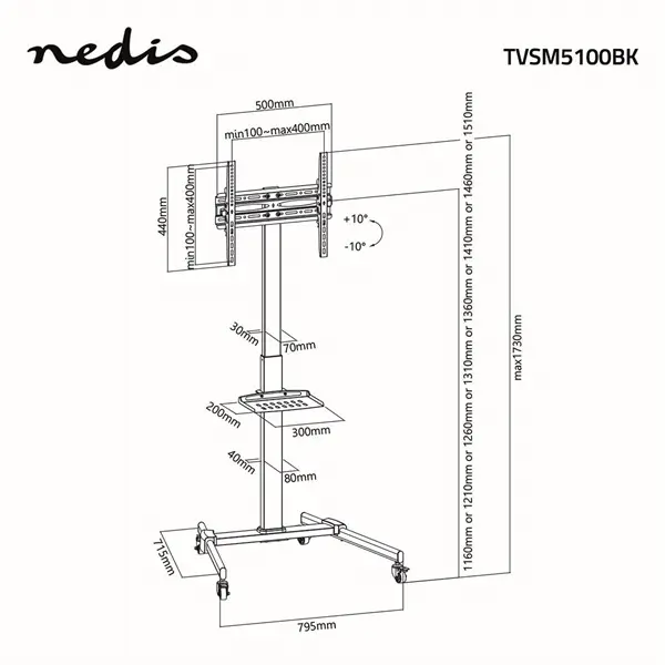 Nedis TVSM5100BK kerekes gurulós LCD TV/Monitor állvány (tartó konzol), 32"-55", szabadon álló, 35kg – 8. kép