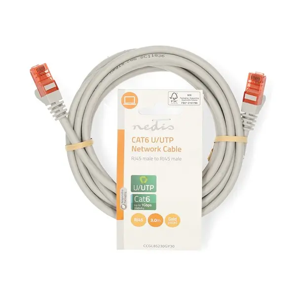 Nedis CCGL85230GY30 UTP Cat6 patch kábel, RJ45 aranyozott érintkezők, hossz 3m