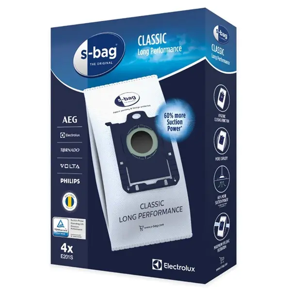 Electrolux gyári porzsák, E201S, 4 db, 50% - al hosszabb élettartam, S-bag