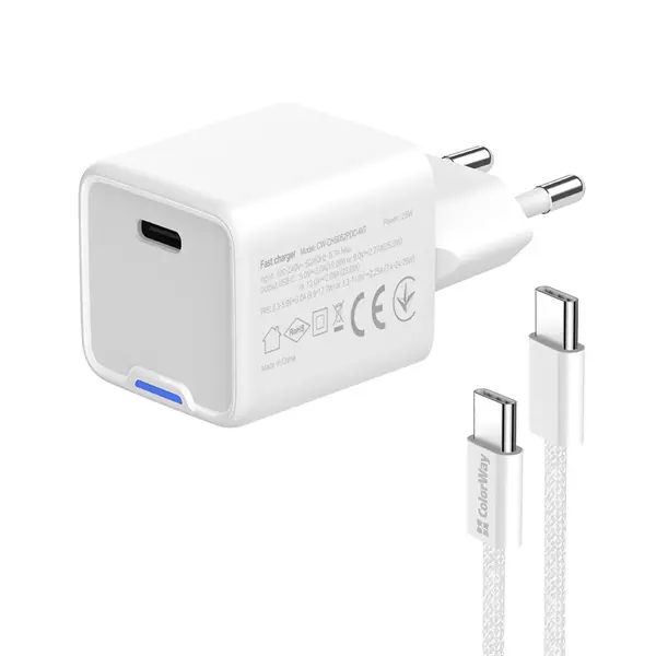 COLORWAY AC töltő GaN Mini CW-CHS052PDC-WT 25W PD port PPS USB-C fehér kábel Type-C – 3. kép