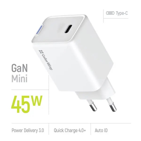 COLORWAY AC töltő GaN Mini CW-CHS057PD-WT 45W PD port PPS USB-C fehér – 7. kép