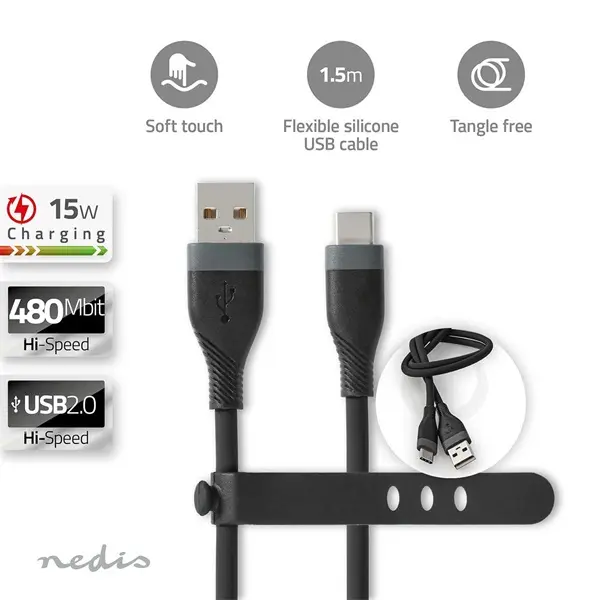 Nedis CCGB60800BK15 flexibilis USB A - USB C (USB-C) kábel, USB2.0, 15W, hossz 1,5m, fekete rugalmas szilikon