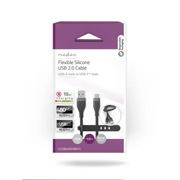 Nedis CCGB60800BK15 flexibilis USB A - USB C (USB-C) kábel, USB2.0, 15W, hossz 1,5m, fekete rugalmas szilikon – 7. kép