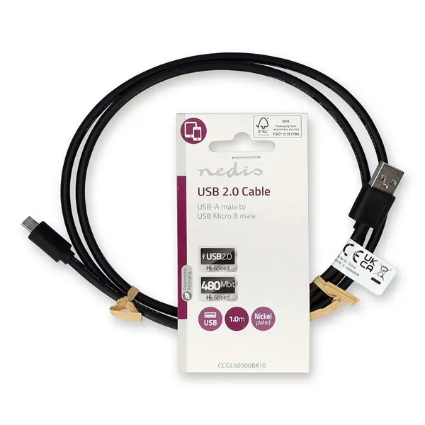 Nedis CCGL60500BK10 USB 2.0 USB-A dugó - USB Micro-B dugó 10 W 480 Mbps, 1m – 3. kép