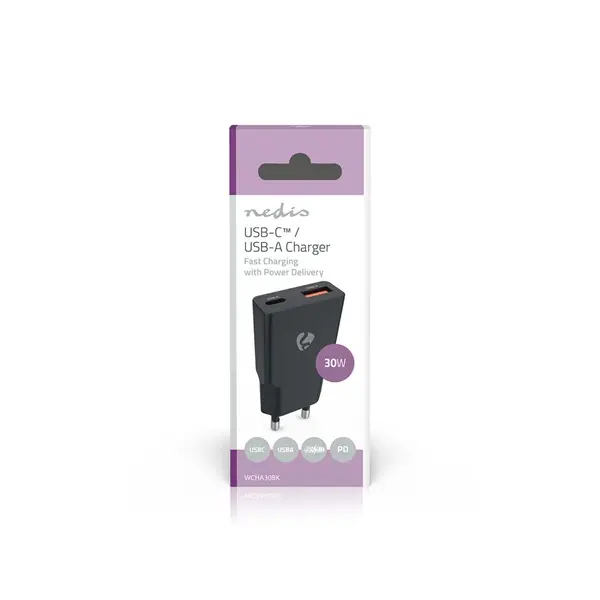 Nedis WCHA30BK gyorstöltő USB-A / USB-C töltő, GaN, PD3.0, QC, Gyorstöltési funkció 1,5 / 2,0 / 2,5 / 3,0 A, 30W, fekete – 4. kép