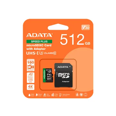 ADATA Memóriakártya MicroSDXC 512GB + Adapter SPEED PLUS UHS-I U3 (180/160)