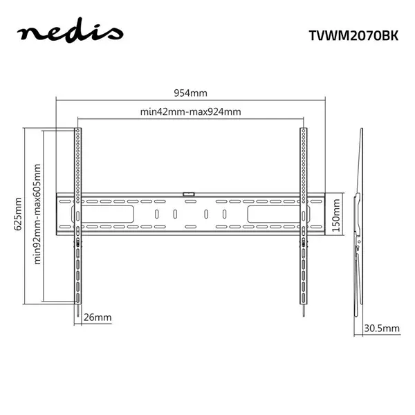 Nedis TVWM2070BK LCD TV / monitor fali tartó fix 60 - 100 " Max. teherbírás: 75 kg, Min. faltávolság: 30,5 mm – 6. kép