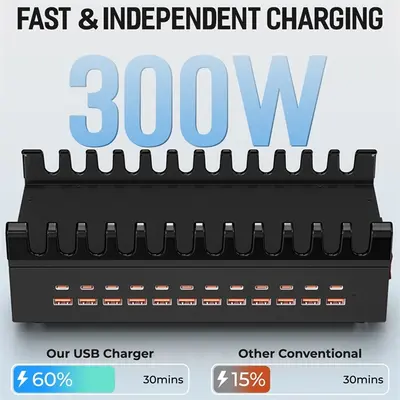 BLACKBIRD Hálózati Töltő YFY-A62 12xUSB-C + 12xUSB 300W eszköztartóval, Fekete – 2. kép