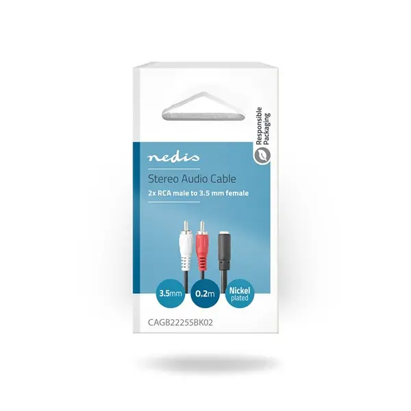 Nedis CAGB22255BK02 sztereo audio kábel, 2x RCA dugó - 3,5 mm jack aljzat, 0,20m – 3. kép