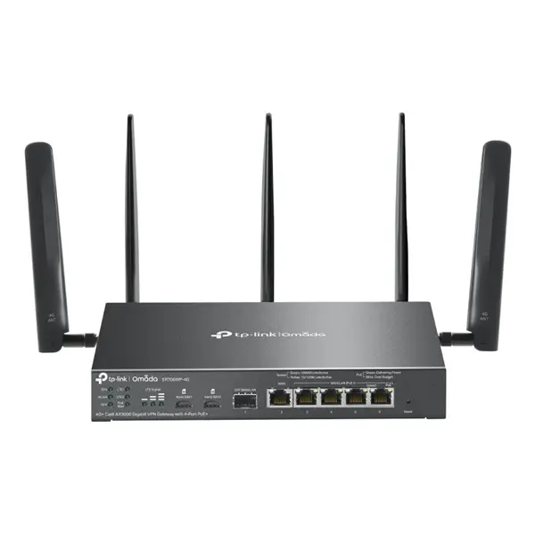 TP-LINK Vezetékes Omada AX3000 VPN Router 1xWAN(1000Mbps) + 4x1000Mbps(POE+) + 1xSFP + 1xSIM, ER706WP-4G