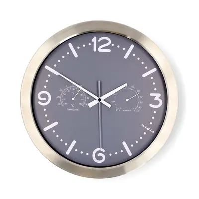 Nedis CLWA5226SS falióra, 30 cm átmérő, rozsdamentes acél, csendes szerkezet: óra, hőmérő, páratartamom mérő