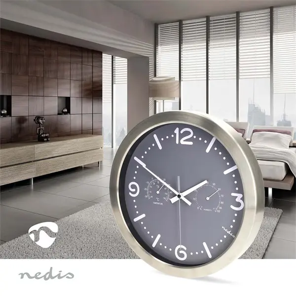 Nedis CLWA5226SS falióra, 30 cm átmérő, rozsdamentes acél, csendes szerkezet: óra, hőmérő, páratartamom mérő – 3. kép
