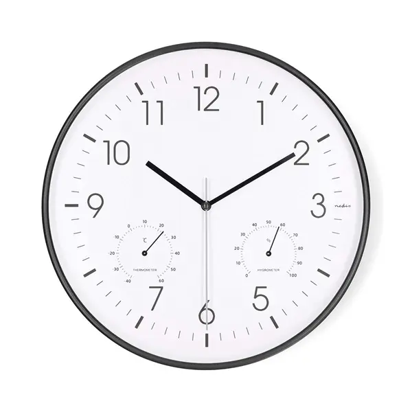 Nedis CLWA4226BK falióra, 30 cm átmérő, műanyag, csendes szerkezet: óra, hőmérő, páratartamom mérő