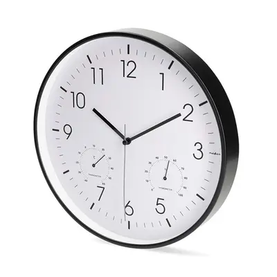 Nedis CLWA4226BK falióra, 30 cm átmérő,  műanyag, csendes szerkezet: óra, hőmérő, páratartamom mérő – 2. kép