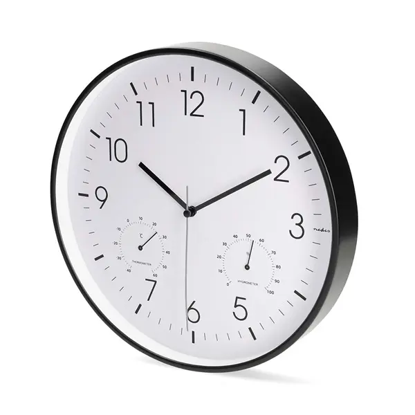 Nedis CLWA4226BK falióra, 30 cm átmérő, műanyag, csendes szerkezet: óra, hőmérő, páratartamom mérő – 2. kép