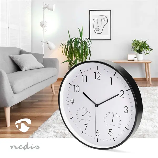 Nedis CLWA4226BK falióra, 30 cm átmérő, műanyag, csendes szerkezet: óra, hőmérő, páratartamom mérő – 3. kép