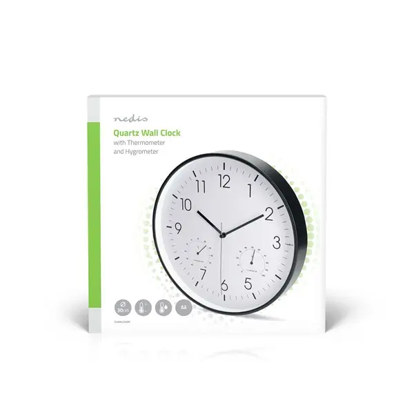 Nedis CLWA4226BK falióra, 30 cm átmérő, műanyag, csendes szerkezet: óra, hőmérő, páratartamom mérő – 4. kép