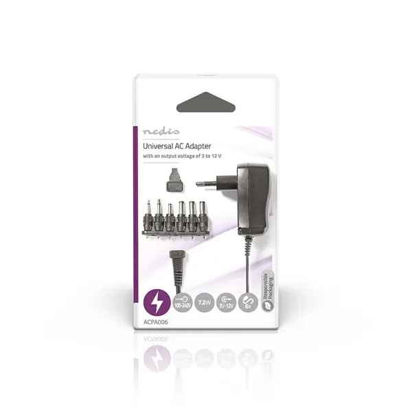 Nedis ACPA006 univerzális AC-DC tápegység, állítható 3V-12V DC 600mA, 6 cserélhető táp dugó, 7,2W – 3. kép