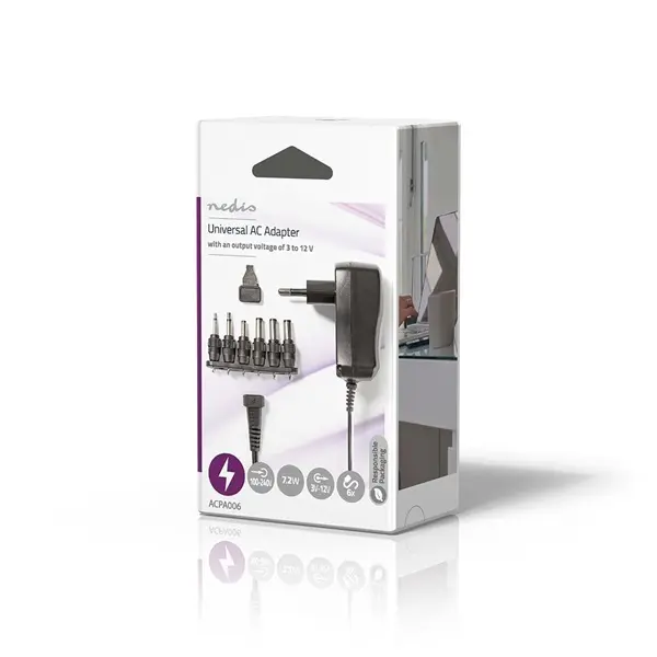Nedis ACPA006 univerzális AC-DC tápegység, állítható 3V-12V DC 600mA, 6 cserélhető táp dugó, 7,2W – 4. kép