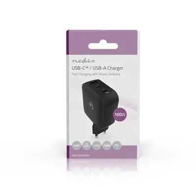 Nedis WGCHA100WBK töltő 100 W, GaN, PD3.0, QC 2,5 / 3,0 / 5,0 A, Kimenetek száma: 3, USB-A / 2x USB-C, fekete